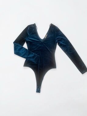 Velvet Long Sleeve V-Neck Bodysuit - Deep Teal